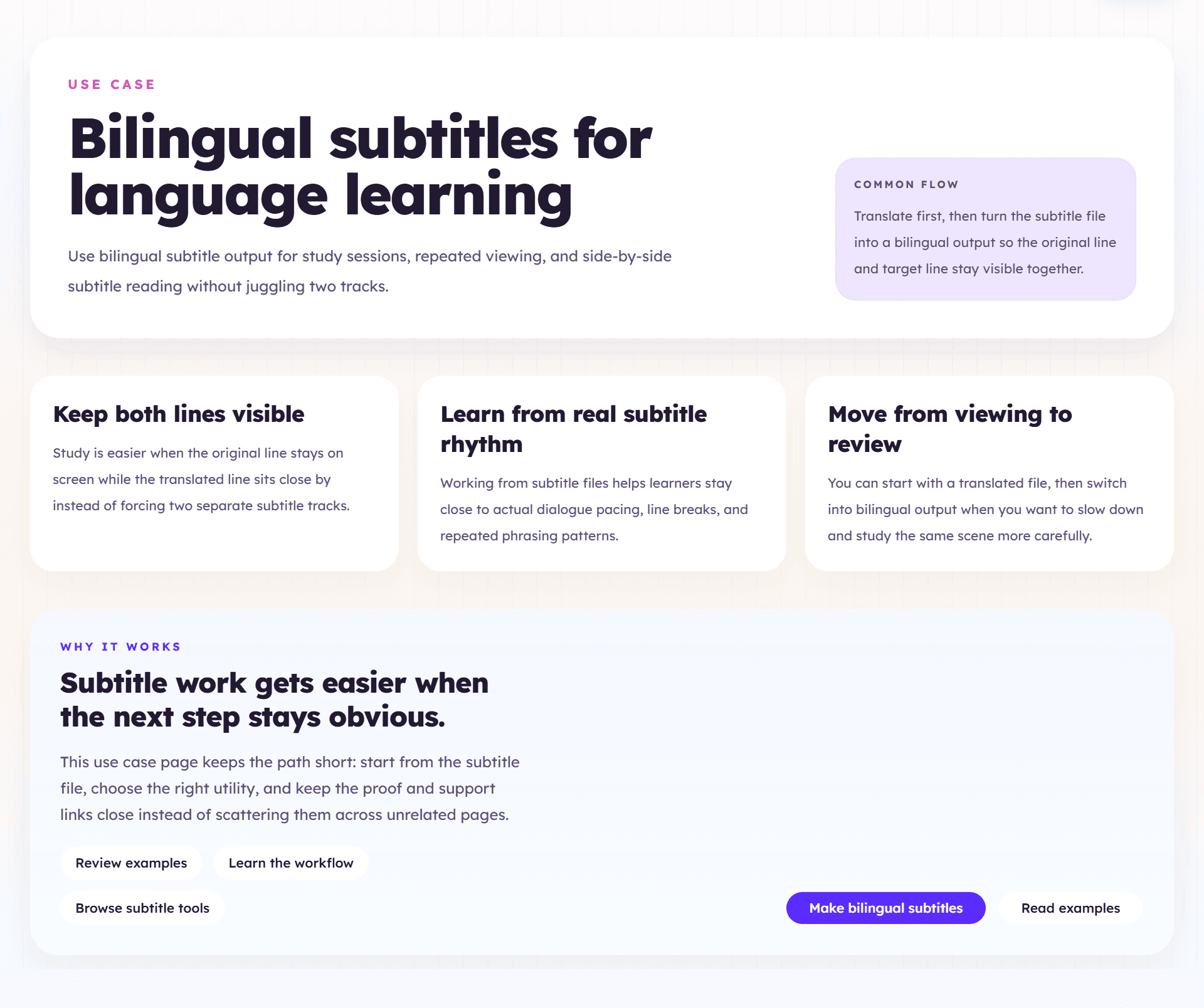 Bilingual subtitle editor and learning-focused output