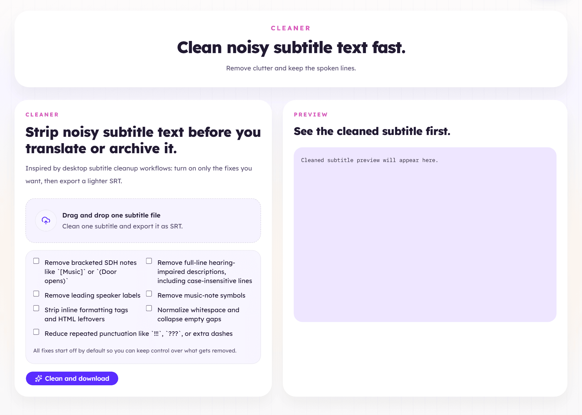 Subtitle cleaner tool with formatting cleanup options