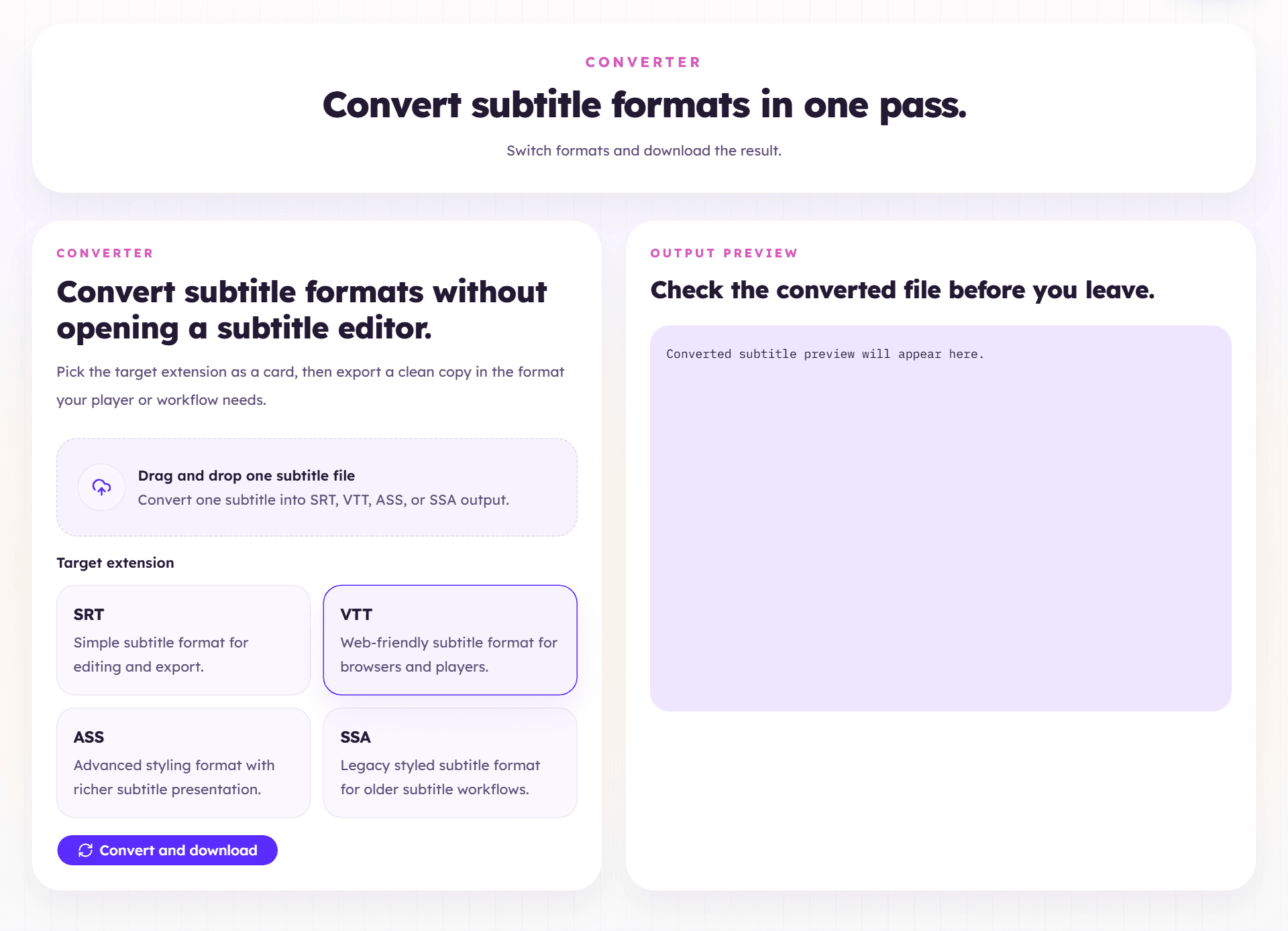 Subtitle converter interface ready to convert subtitle files