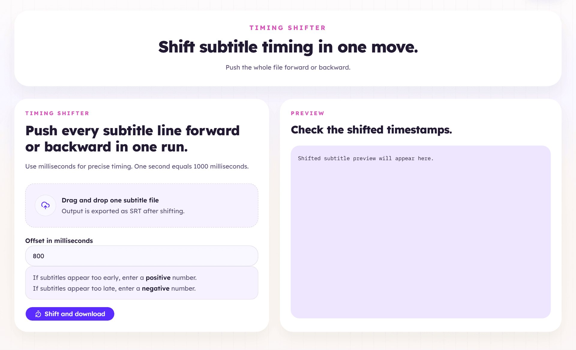 Subtitle timing shifter control panel